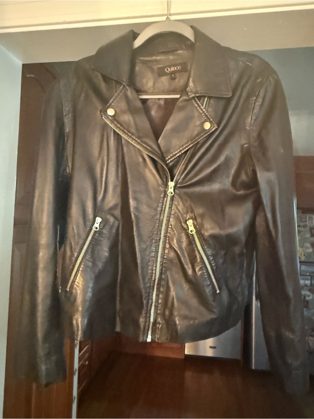 Quince Black Leather Asymmetrical Zip Moto Jacket